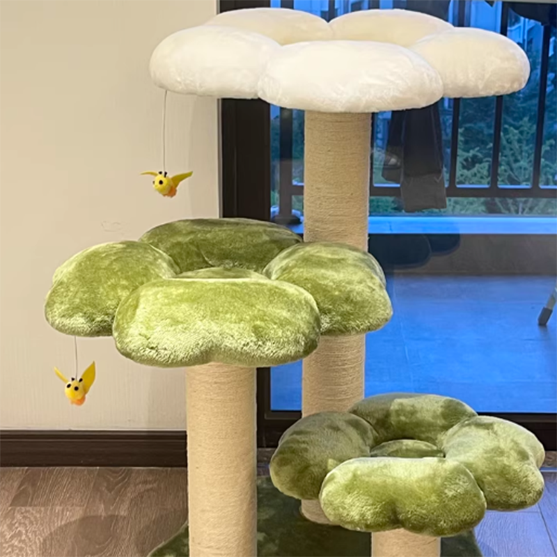 Contemporary Creative Round Particleboard Velvet Fabric Sisal Cat Tree 3-Tier For Living Room Cuvalon