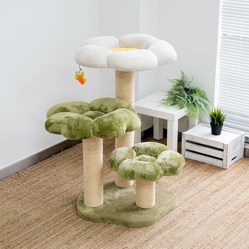 Contemporary Creative Round Particleboard Velvet Fabric Sisal Cat Tree 3-Tier For Living Room Cuvalon