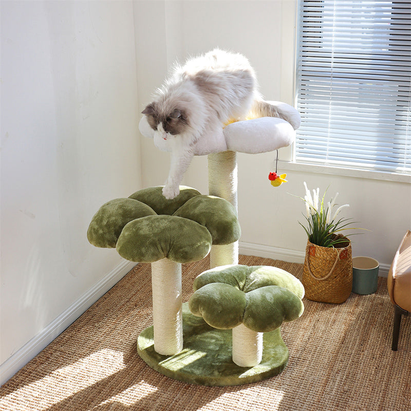 Contemporary Creative Round Particleboard Velvet Fabric Sisal Cat Tree 3-Tier For Living Room Cuvalon
