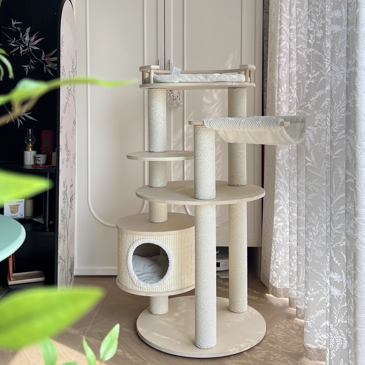 Contemporary Scandinavian Round Multi-Layer Solid Wood Panel Particleboard Fiberboard Velvet Fabric Paper Rope Paper Tube Cat Tree 5-Tier For Living Room Cuvalon