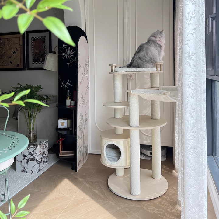 Contemporary Scandinavian Round Multi-Layer Solid Wood Panel Particleboard Fiberboard Velvet Fabric Paper Rope Paper Tube Cat Tree 5-Tier For Living Room Cuvalon