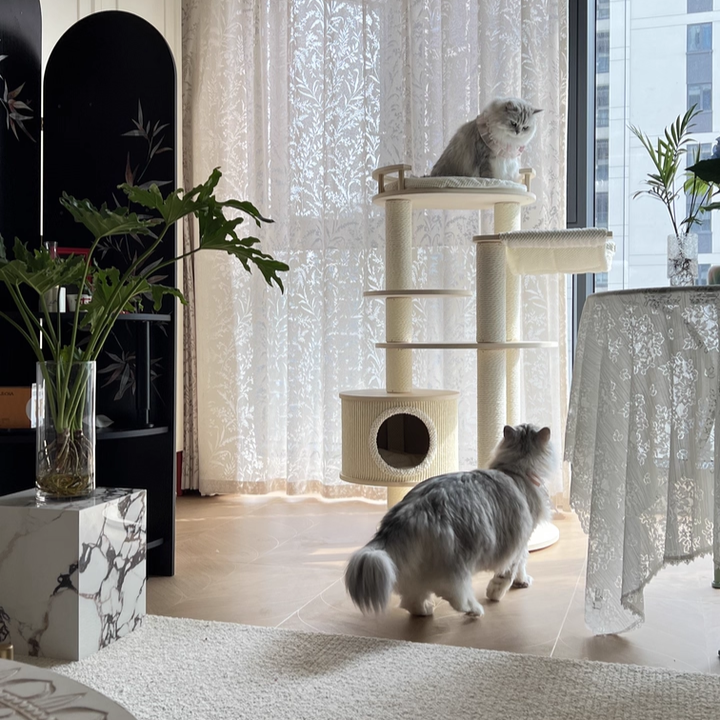 Contemporary Scandinavian Round Multi-Layer Solid Wood Panel Particleboard Fiberboard Velvet Fabric Paper Rope Paper Tube Cat Tree 5-Tier For Living Room Cuvalon