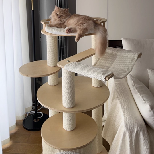 Contemporary Scandinavian Round Multi-Layer Solid Wood Panel Particleboard Fiberboard Velvet Fabric Paper Rope Paper Tube Cat Tree 5-Tier For Living Room Cuvalon