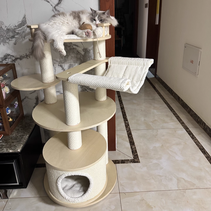Contemporary Scandinavian Round Multi-Layer Solid Wood Panel Particleboard Fiberboard Velvet Fabric Paper Rope Paper Tube Cat Tree 5-Tier For Living Room Cuvalon