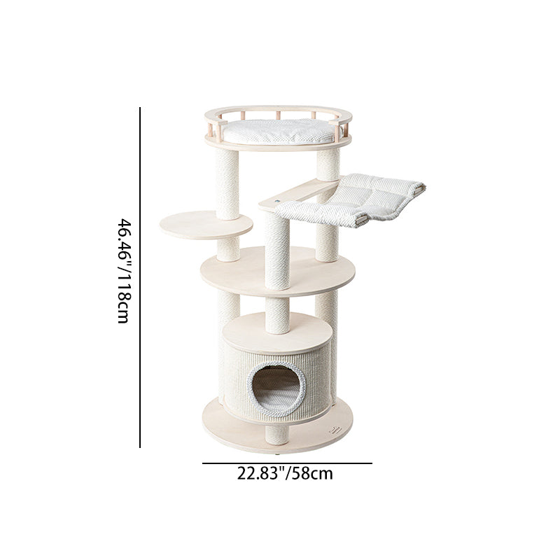 Contemporary Scandinavian Round Multi-Layer Solid Wood Panel Particleboard Fiberboard Velvet Fabric Paper Rope Paper Tube Cat Tree 5-Tier For Living Room Cuvalon
