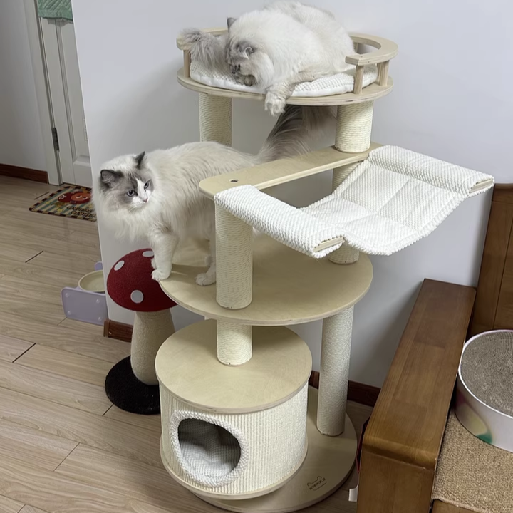 Contemporary Scandinavian Round Multi-Layer Solid Wood Panel Particleboard Fiberboard Velvet Fabric Paper Rope Paper Tube Cat Tree 5-Tier For Living Room Cuvalon