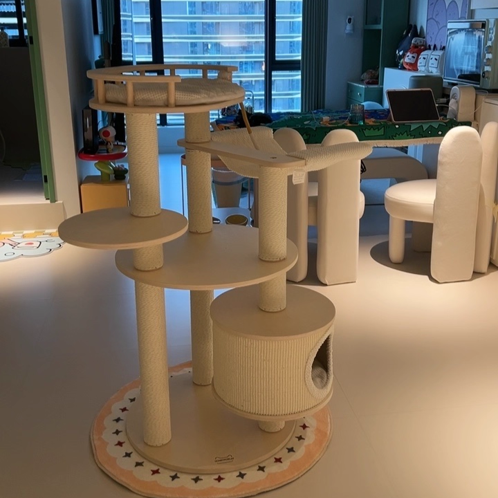 Contemporary Scandinavian Round Multi-Layer Solid Wood Panel Particleboard Fiberboard Velvet Fabric Paper Rope Paper Tube Cat Tree 5-Tier For Living Room Cuvalon