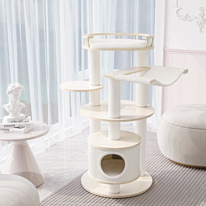 Contemporary Scandinavian Round Multi-Layer Solid Wood Panel Particleboard Fiberboard Velvet Fabric Paper Rope Paper Tube Cat Tree 5-Tier For Living Room Cuvalon
