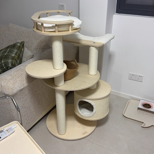 Contemporary Scandinavian Round Multi-Layer Solid Wood Panel Particleboard Fiberboard Velvet Fabric Paper Rope Paper Tube Cat Tree 5-Tier For Living Room Cuvalon