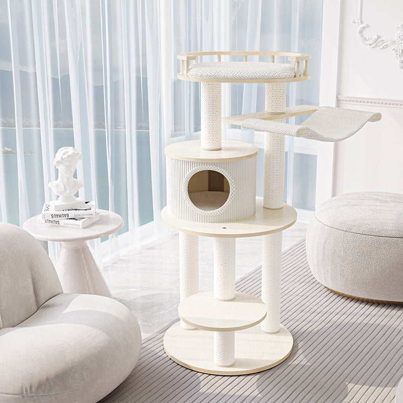 Contemporary Scandinavian Round Multi-Layer Solid Wood Panel Particleboard Fiberboard Velvet Fabric Paper Rope Paper Tube Cat Tree 5-Tier For Living Room Cuvalon
