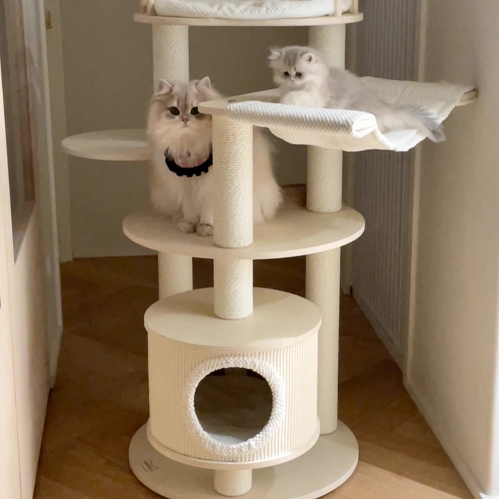 Contemporary Scandinavian Round Multi-Layer Solid Wood Panel Particleboard Fiberboard Velvet Fabric Paper Rope Paper Tube Cat Tree 5-Tier For Living Room Cuvalon