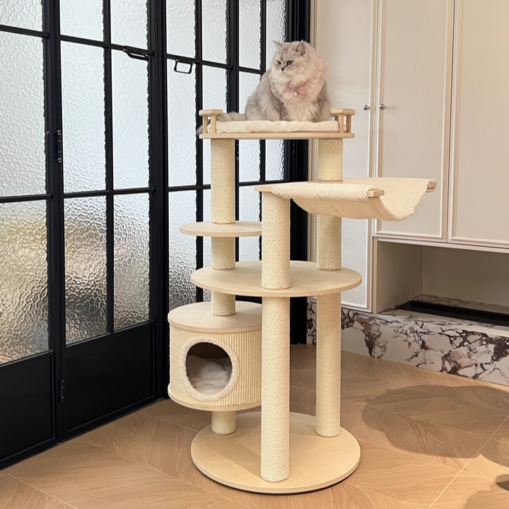 Contemporary Scandinavian Round Multi-Layer Solid Wood Panel Particleboard Fiberboard Velvet Fabric Paper Rope Paper Tube Cat Tree 5-Tier For Living Room Cuvalon