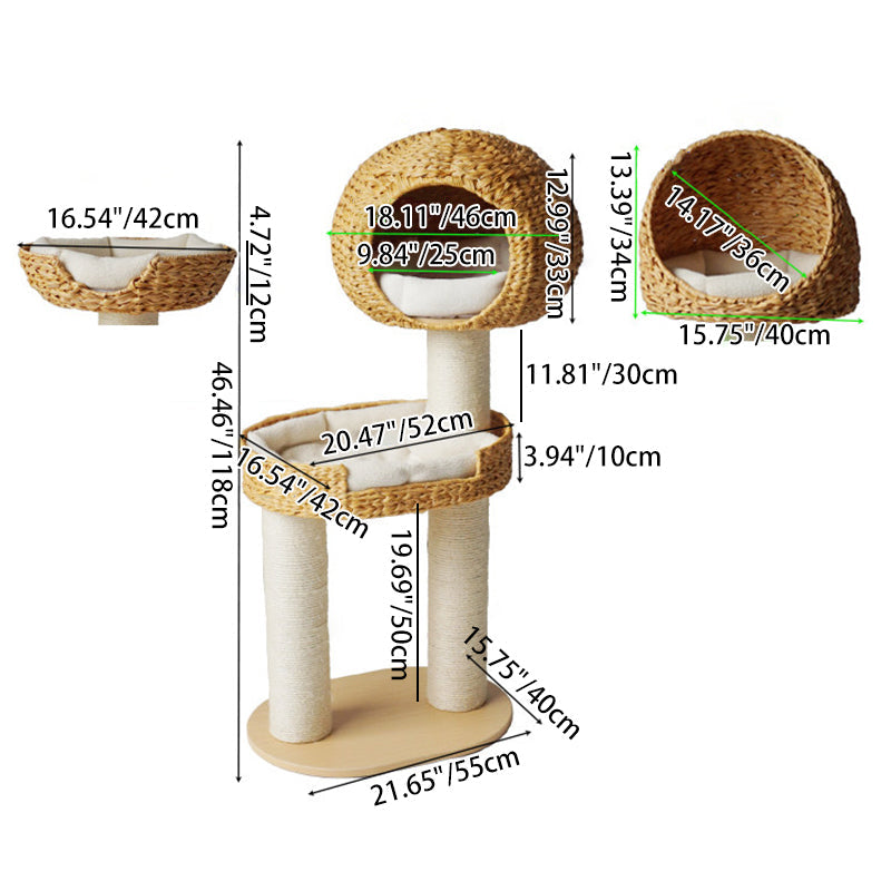 Traditional Farmhouse Round Multi-Layer Solid Wood Panel PE Faux Rattan Kraft Paper Rope Velvet Fabric Sisal Cat Tree 3-Tier For Living Room Cuvalon
