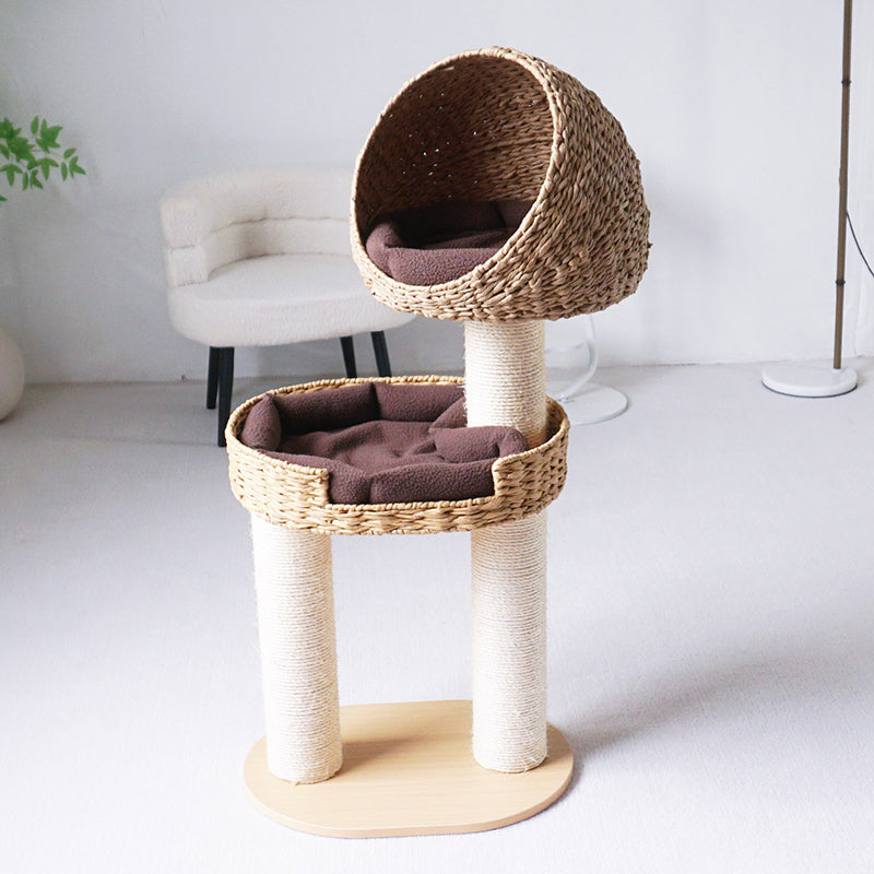 Traditional Farmhouse Round Multi-Layer Solid Wood Panel PE Faux Rattan Kraft Paper Rope Velvet Fabric Sisal Cat Tree 3-Tier For Living Room Cuvalon