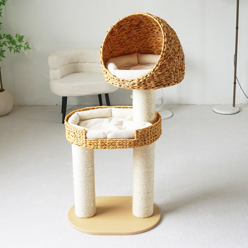 Traditional Farmhouse Round Multi-Layer Solid Wood Panel PE Faux Rattan Kraft Paper Rope Velvet Fabric Sisal Cat Tree 3-Tier For Living Room Cuvalon