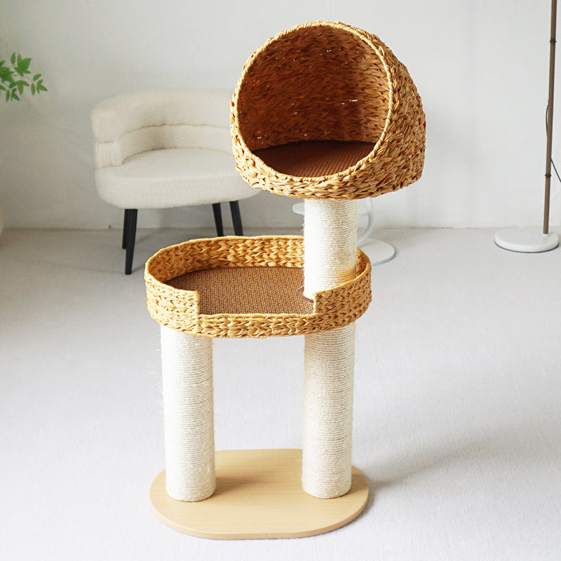Traditional Farmhouse Round Multi-Layer Solid Wood Panel PE Faux Rattan Kraft Paper Rope Velvet Fabric Sisal Cat Tree 3-Tier For Living Room Cuvalon