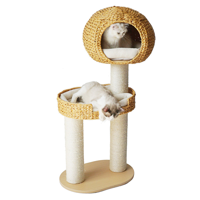 Traditional Farmhouse Round Multi-Layer Solid Wood Panel PE Faux Rattan Kraft Paper Rope Velvet Fabric Sisal Cat Tree 3-Tier For Living Room Cuvalon