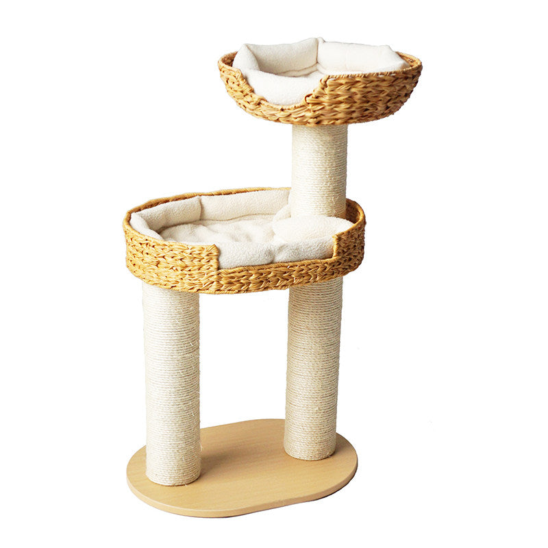Traditional Farmhouse Round Multi-Layer Solid Wood Panel PE Faux Rattan Kraft Paper Rope Velvet Fabric Sisal Cat Tree 3-Tier For Living Room Cuvalon