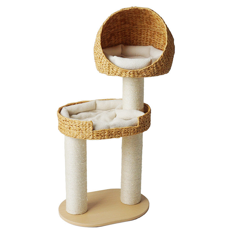 Traditional Farmhouse Round Multi-Layer Solid Wood Panel PE Faux Rattan Kraft Paper Rope Velvet Fabric Sisal Cat Tree 3-Tier For Living Room Cuvalon