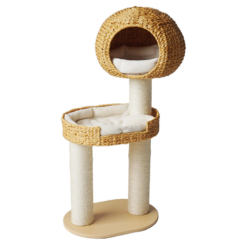 Traditional Farmhouse Round Multi-Layer Solid Wood Panel PE Faux Rattan Kraft Paper Rope Velvet Fabric Sisal Cat Tree 3-Tier For Living Room Cuvalon