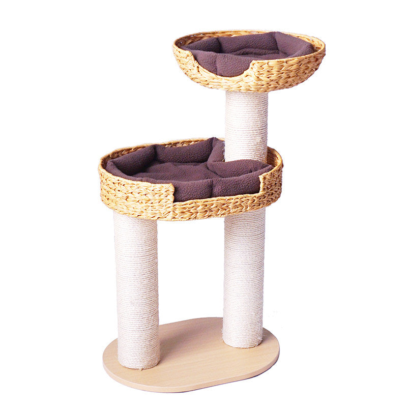 Traditional Farmhouse Round Multi-Layer Solid Wood Panel PE Faux Rattan Kraft Paper Rope Velvet Fabric Sisal Cat Tree 3-Tier For Living Room Cuvalon