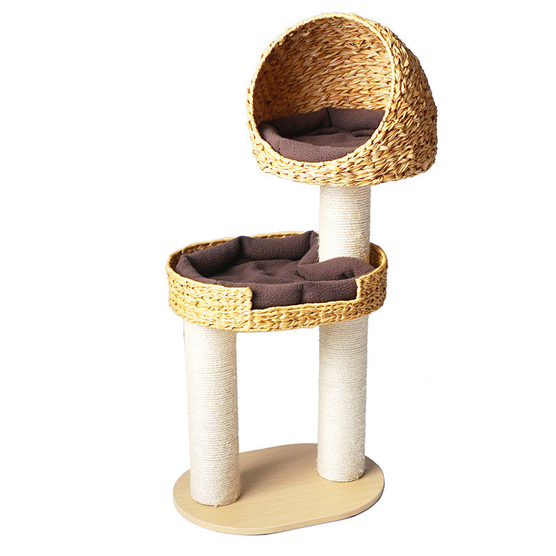 Traditional Farmhouse Round Multi-Layer Solid Wood Panel PE Faux Rattan Kraft Paper Rope Velvet Fabric Sisal Cat Tree 3-Tier For Living Room Cuvalon