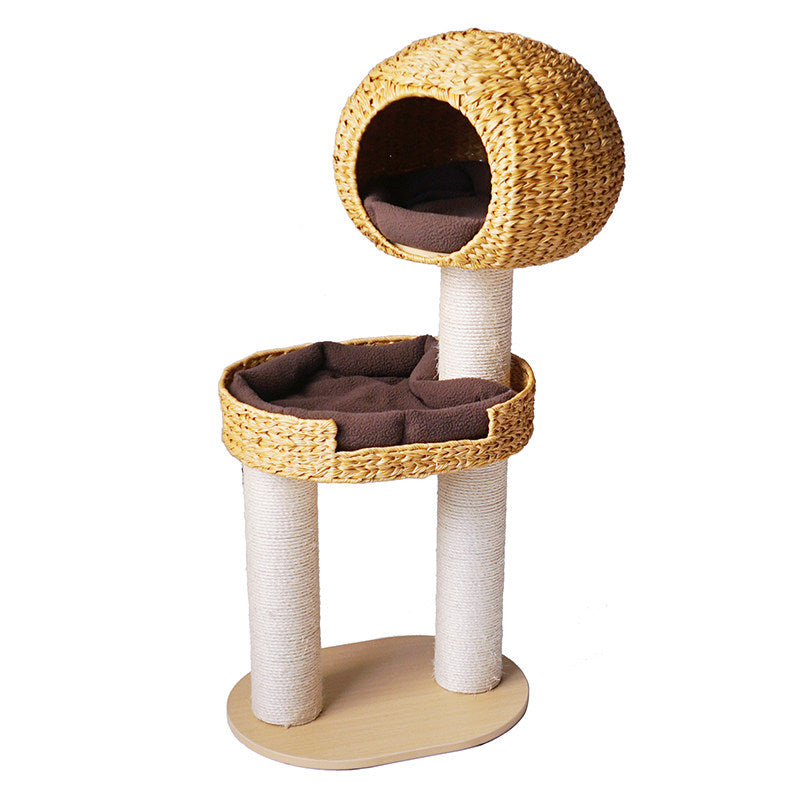 Traditional Farmhouse Round Multi-Layer Solid Wood Panel PE Faux Rattan Kraft Paper Rope Velvet Fabric Sisal Cat Tree 3-Tier For Living Room Cuvalon