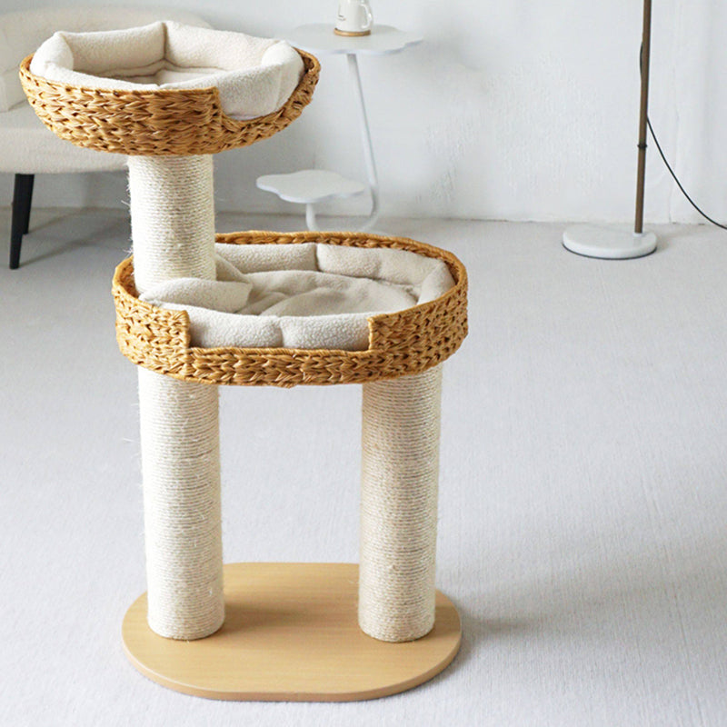 Traditional Farmhouse Round Multi-Layer Solid Wood Panel PE Faux Rattan Kraft Paper Rope Velvet Fabric Sisal Cat Tree 3-Tier For Living Room Cuvalon