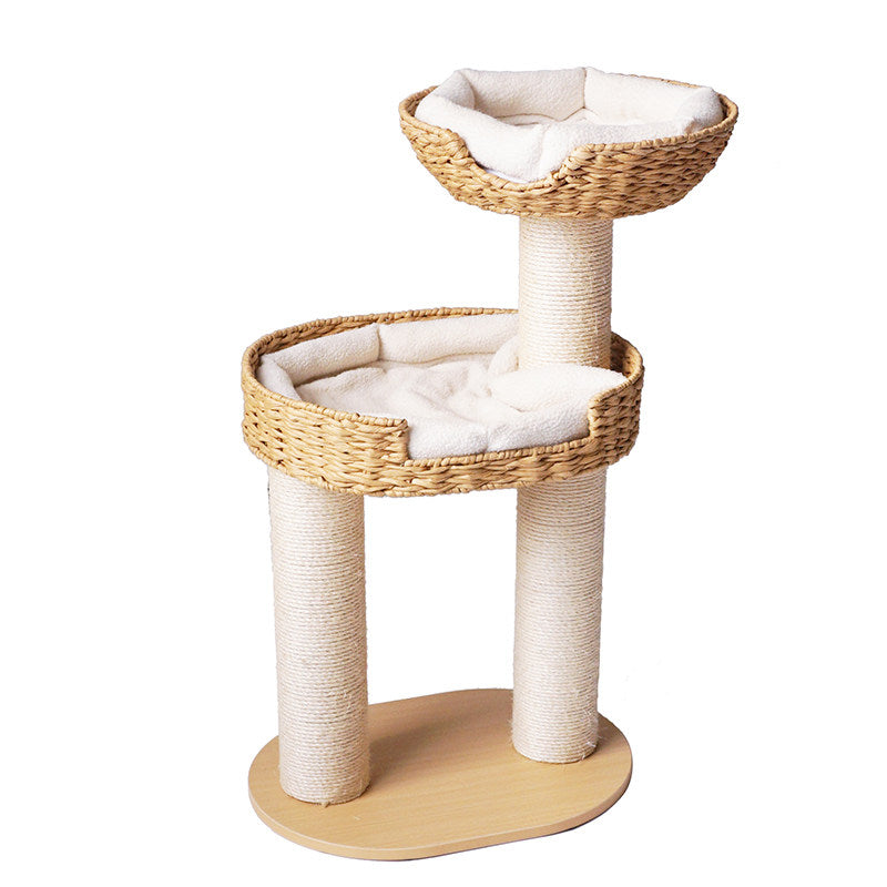 Traditional Farmhouse Round Multi-Layer Solid Wood Panel PE Faux Rattan Kraft Paper Rope Velvet Fabric Sisal Cat Tree 3-Tier For Living Room Cuvalon