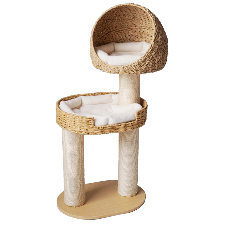 Traditional Farmhouse Round Multi-Layer Solid Wood Panel PE Faux Rattan Kraft Paper Rope Velvet Fabric Sisal Cat Tree 3-Tier For Living Room Cuvalon