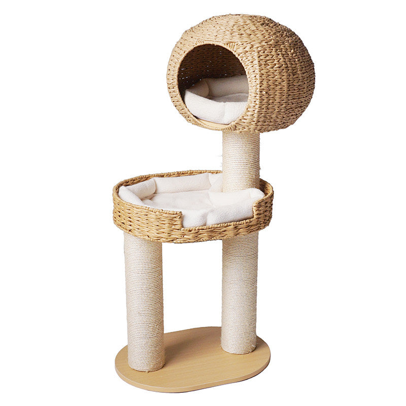 Traditional Farmhouse Round Multi-Layer Solid Wood Panel PE Faux Rattan Kraft Paper Rope Velvet Fabric Sisal Cat Tree 3-Tier For Living Room Cuvalon