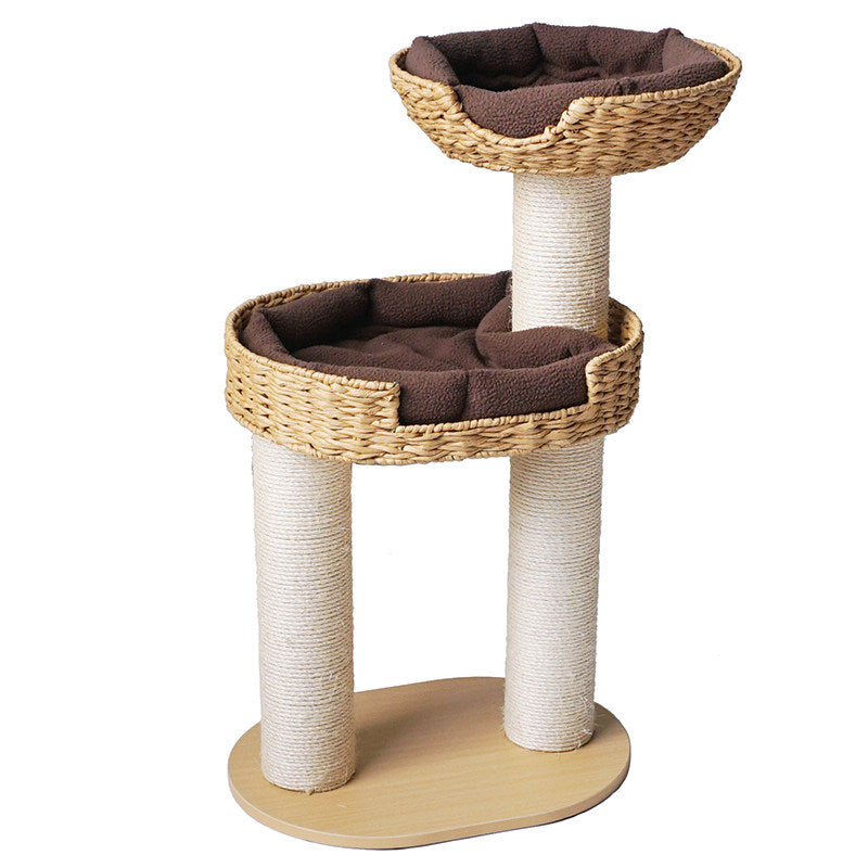 Traditional Farmhouse Round Multi-Layer Solid Wood Panel PE Faux Rattan Kraft Paper Rope Velvet Fabric Sisal Cat Tree 3-Tier For Living Room Cuvalon