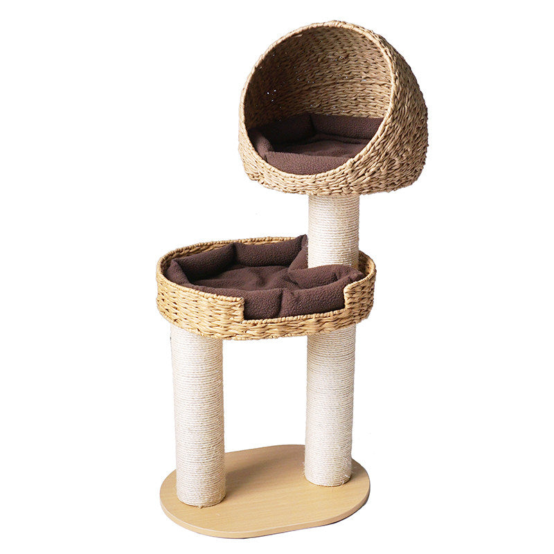 Traditional Farmhouse Round Multi-Layer Solid Wood Panel PE Faux Rattan Kraft Paper Rope Velvet Fabric Sisal Cat Tree 3-Tier For Living Room Cuvalon