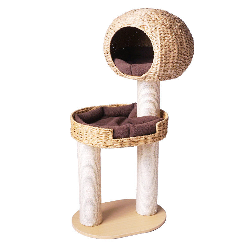 Traditional Farmhouse Round Multi-Layer Solid Wood Panel PE Faux Rattan Kraft Paper Rope Velvet Fabric Sisal Cat Tree 3-Tier For Living Room Cuvalon