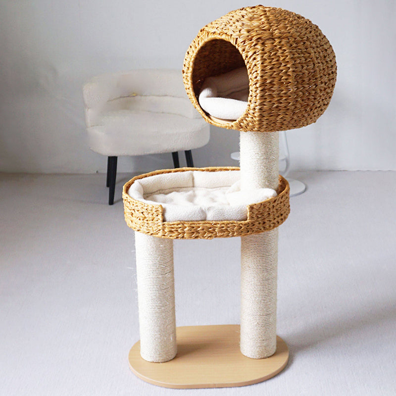 Traditional Farmhouse Round Multi-Layer Solid Wood Panel PE Faux Rattan Kraft Paper Rope Velvet Fabric Sisal Cat Tree 3-Tier For Living Room Cuvalon