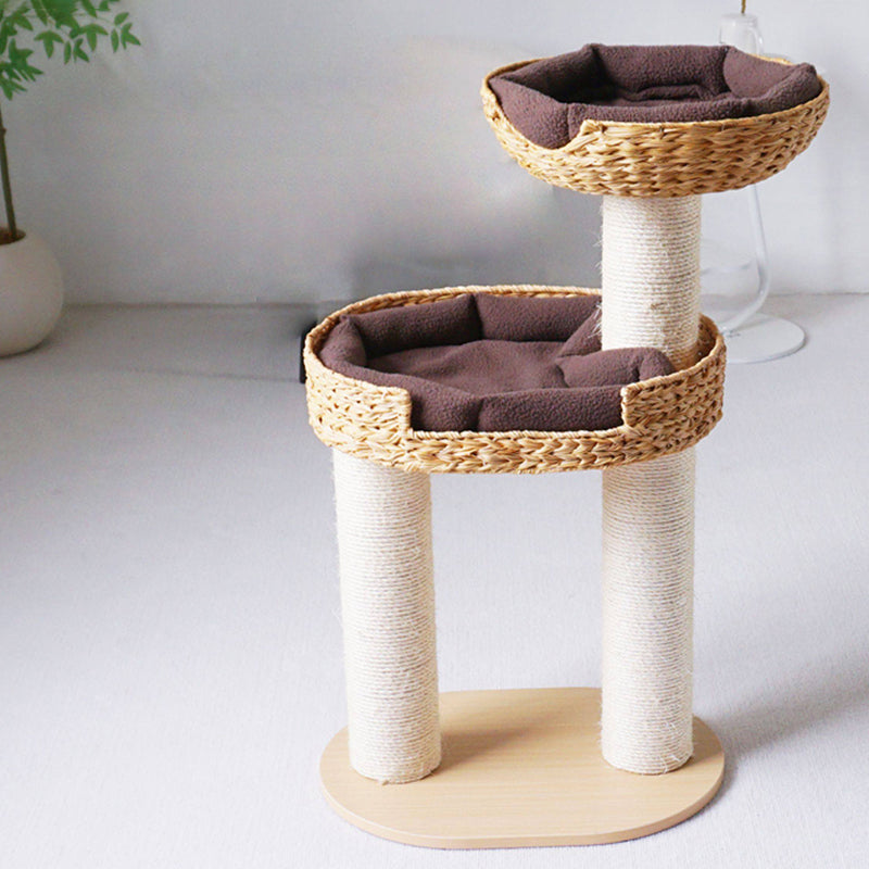 Traditional Farmhouse Round Multi-Layer Solid Wood Panel PE Faux Rattan Kraft Paper Rope Velvet Fabric Sisal Cat Tree 3-Tier For Living Room Cuvalon