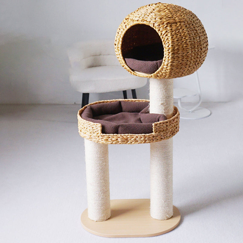 Traditional Farmhouse Round Multi-Layer Solid Wood Panel PE Faux Rattan Kraft Paper Rope Velvet Fabric Sisal Cat Tree 3-Tier For Living Room Cuvalon