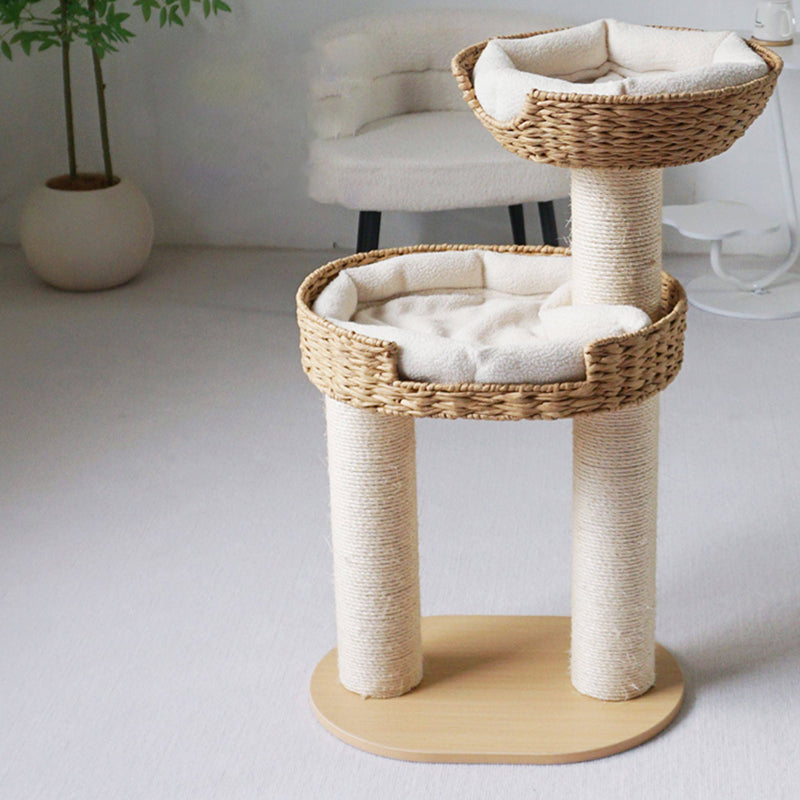Traditional Farmhouse Round Multi-Layer Solid Wood Panel PE Faux Rattan Kraft Paper Rope Velvet Fabric Sisal Cat Tree 3-Tier For Living Room Cuvalon