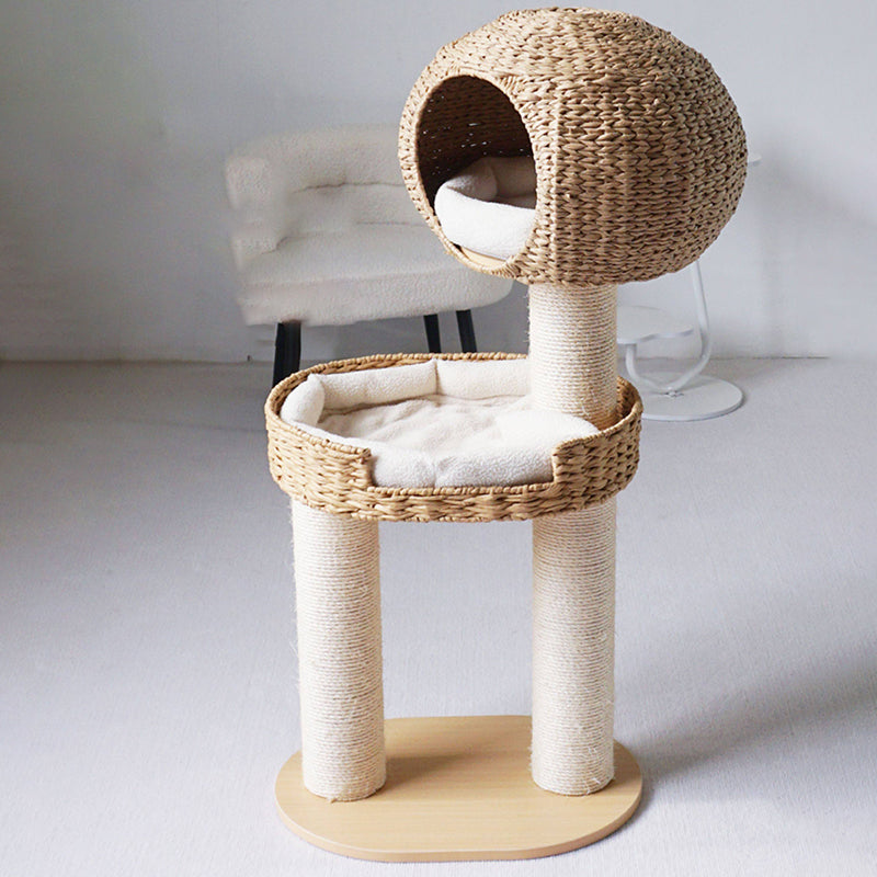 Traditional Farmhouse Round Multi-Layer Solid Wood Panel PE Faux Rattan Kraft Paper Rope Velvet Fabric Sisal Cat Tree 3-Tier For Living Room Cuvalon