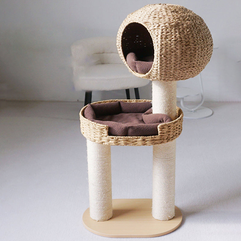 Traditional Farmhouse Round Multi-Layer Solid Wood Panel PE Faux Rattan Kraft Paper Rope Velvet Fabric Sisal Cat Tree 3-Tier For Living Room Cuvalon