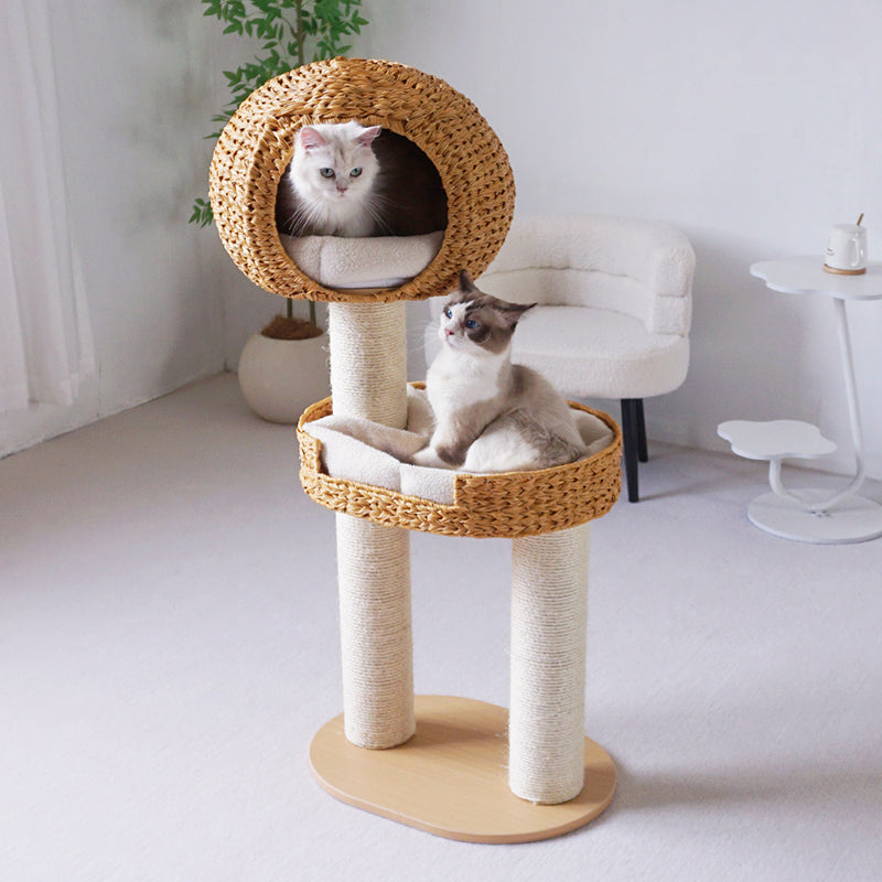 Traditional Farmhouse Round Multi-Layer Solid Wood Panel PE Faux Rattan Kraft Paper Rope Velvet Fabric Sisal Cat Tree 3-Tier For Living Room Cuvalon