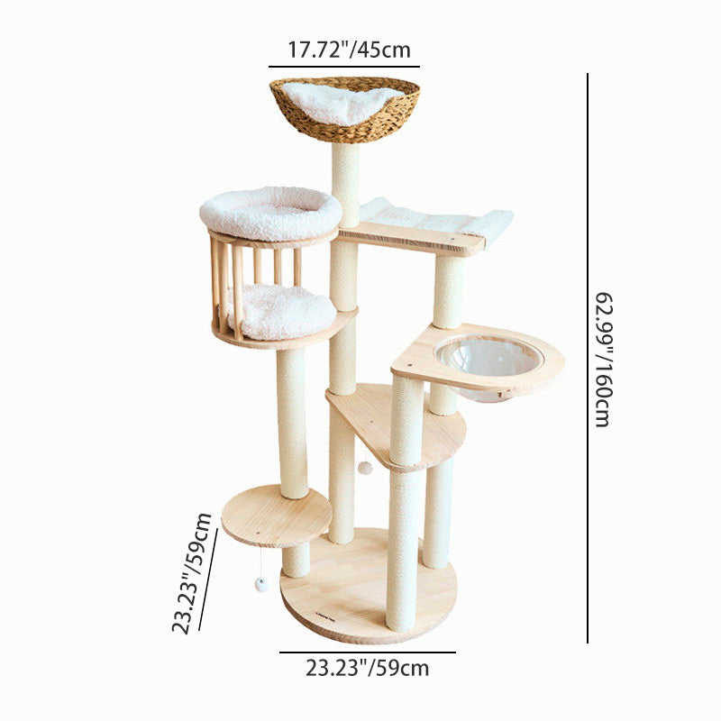 Contemporary Scandinavian Round Solid Pine Wood Faux Rattan Velvet Fabric Kraft Paper Rope Cat Tree 5-Tier For Living Room Cuvalon
