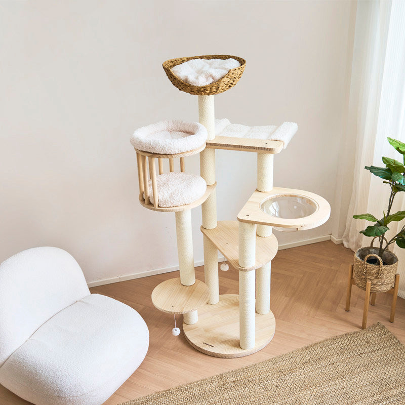 Contemporary Scandinavian Round Solid Pine Wood Faux Rattan Velvet Fabric Kraft Paper Rope Cat Tree 5-Tier For Living Room Cuvalon