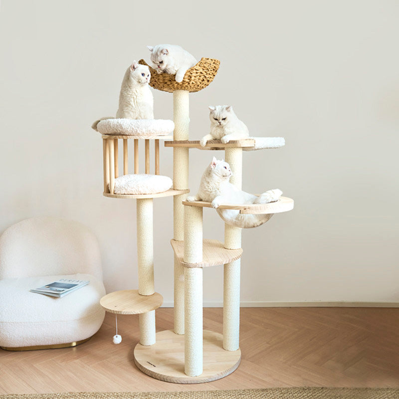 Contemporary Scandinavian Round Solid Pine Wood Faux Rattan Velvet Fabric Kraft Paper Rope Cat Tree 5-Tier For Living Room Cuvalon
