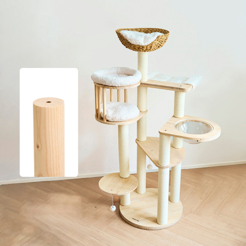 Contemporary Scandinavian Round Solid Pine Wood Faux Rattan Velvet Fabric Kraft Paper Rope Cat Tree 5-Tier For Living Room Cuvalon