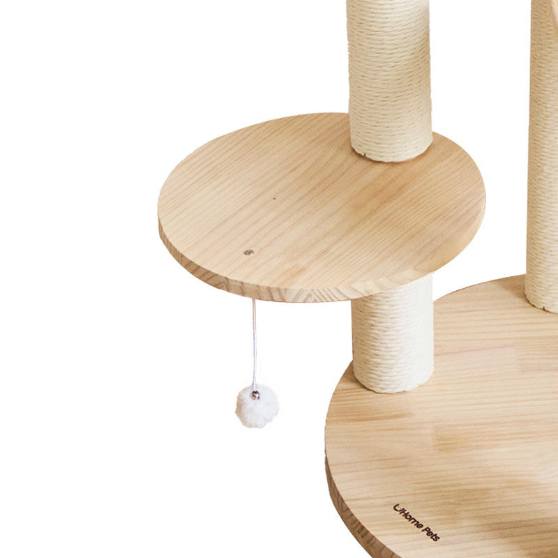Contemporary Scandinavian Round Solid Pine Wood Faux Rattan Velvet Fabric Kraft Paper Rope Cat Tree 5-Tier For Living Room Cuvalon