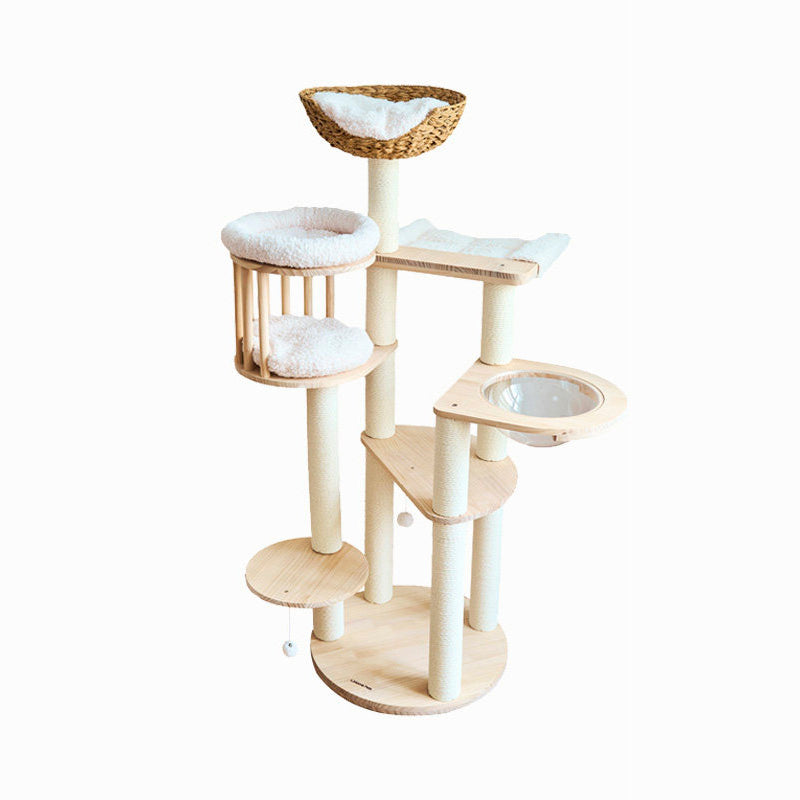 Contemporary Scandinavian Round Solid Pine Wood Faux Rattan Velvet Fabric Kraft Paper Rope Cat Tree 5-Tier For Living Room Cuvalon