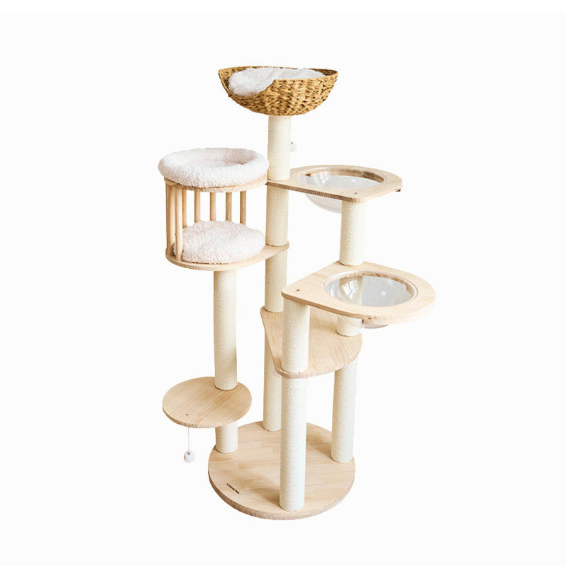 Contemporary Scandinavian Round Solid Pine Wood Faux Rattan Velvet Fabric Kraft Paper Rope Cat Tree 5-Tier For Living Room Cuvalon