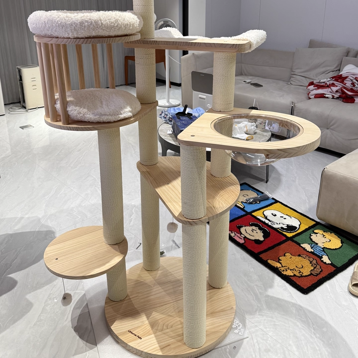 Contemporary Scandinavian Round Solid Pine Wood Faux Rattan Velvet Fabric Kraft Paper Rope Cat Tree 5-Tier For Living Room Cuvalon
