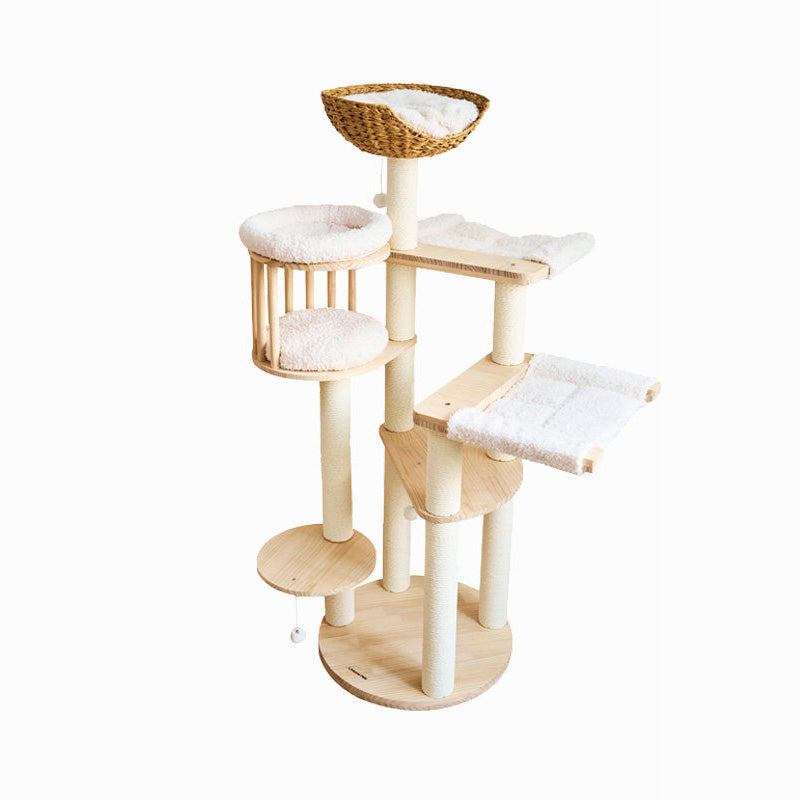 Contemporary Scandinavian Round Solid Pine Wood Faux Rattan Velvet Fabric Kraft Paper Rope Cat Tree 5-Tier For Living Room Cuvalon